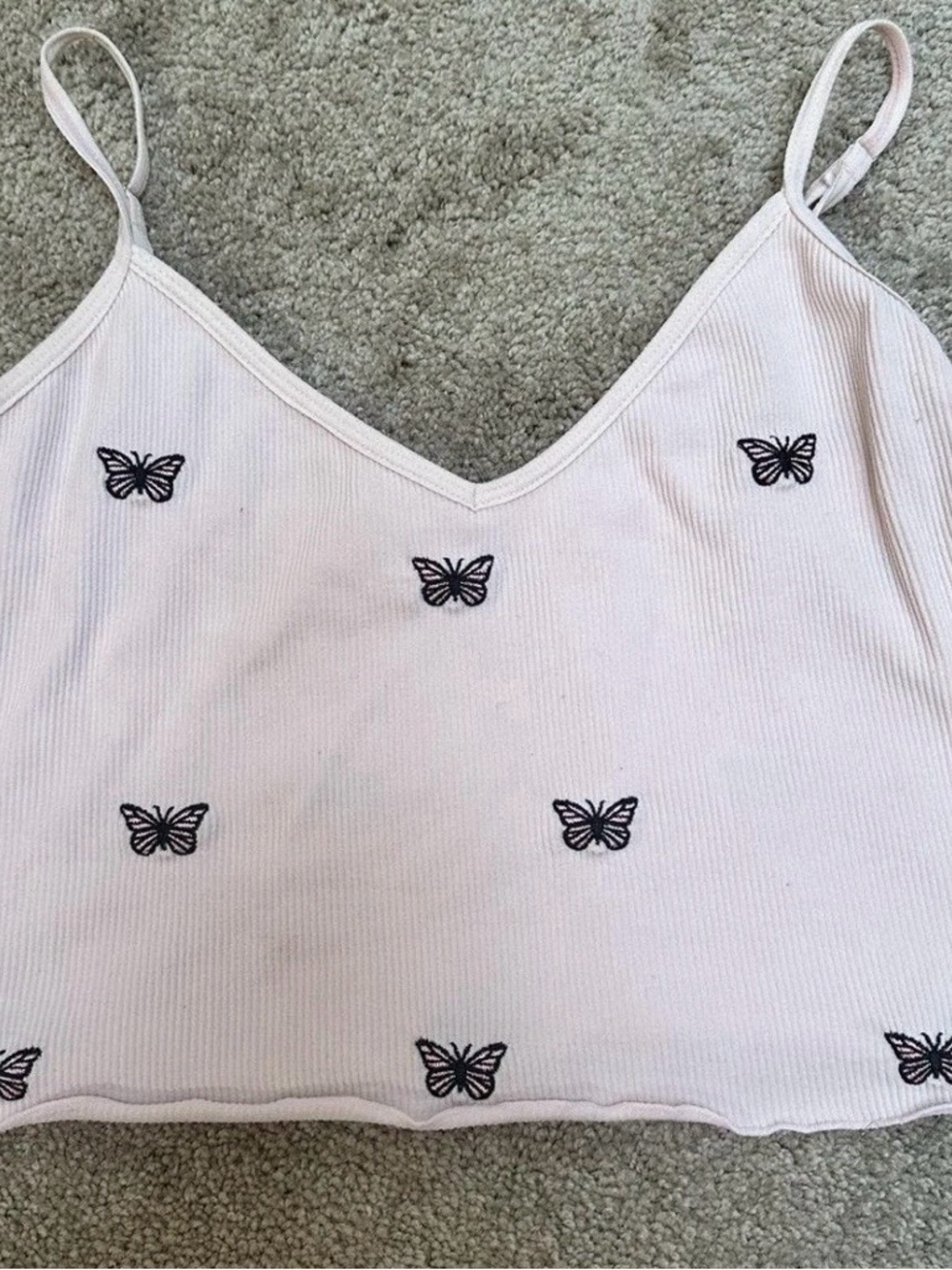 Women’s Y2K Stretch Butterfly Embroidery Light Pink Crop Tank Top Cami Sz Large - Picture 2 of 7